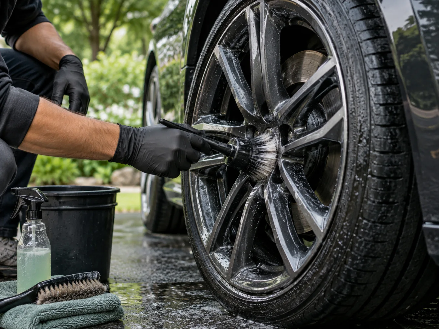 Illustrative photograph of gloved hands carefully cleaning a vehicle wheel with a detailing brush