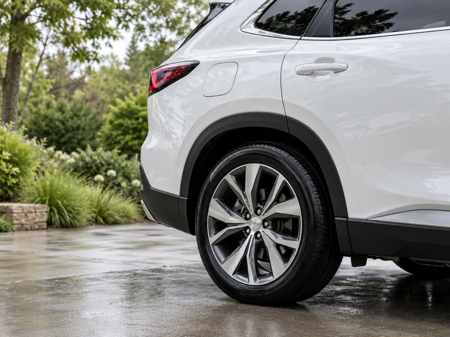 Illustrative photograph of a glossy pearl-white SUV and clean wheel