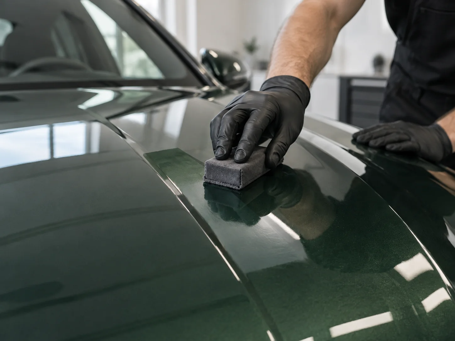 Illustrative photograph of a suede applicator applying ceramic coating to a dark green vehicle hood