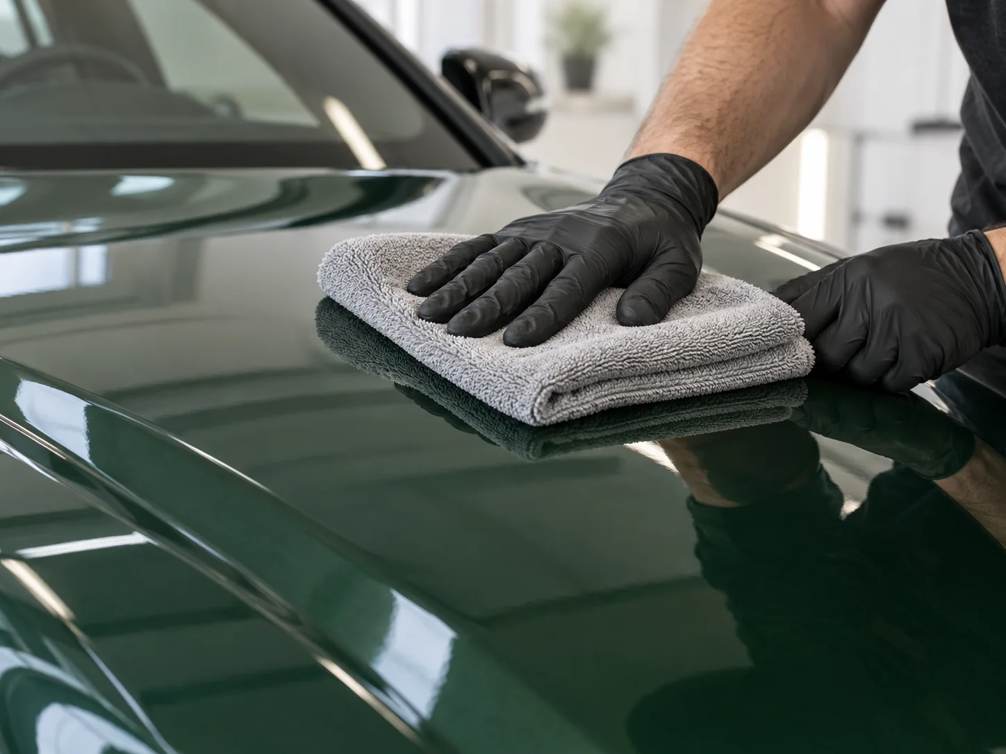 Illustrative photograph of gloved hands leveling ceramic coating with a clean microfiber towel