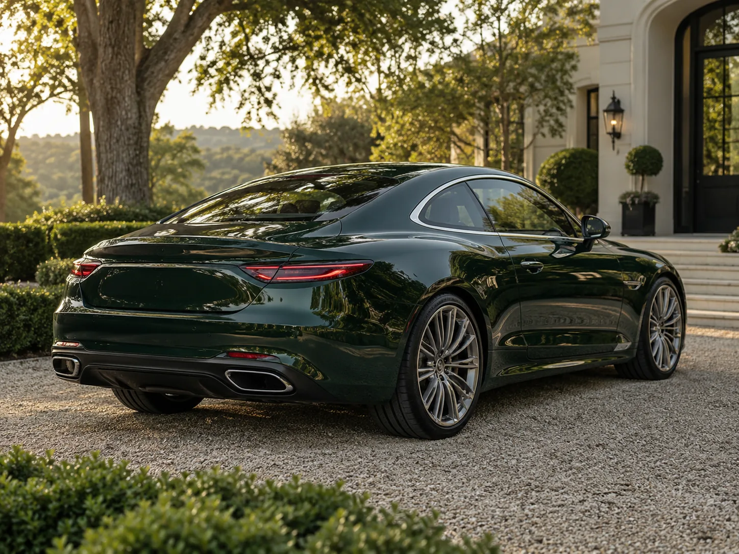 Illustrative photograph of a polished deep green coupe in warm afternoon light