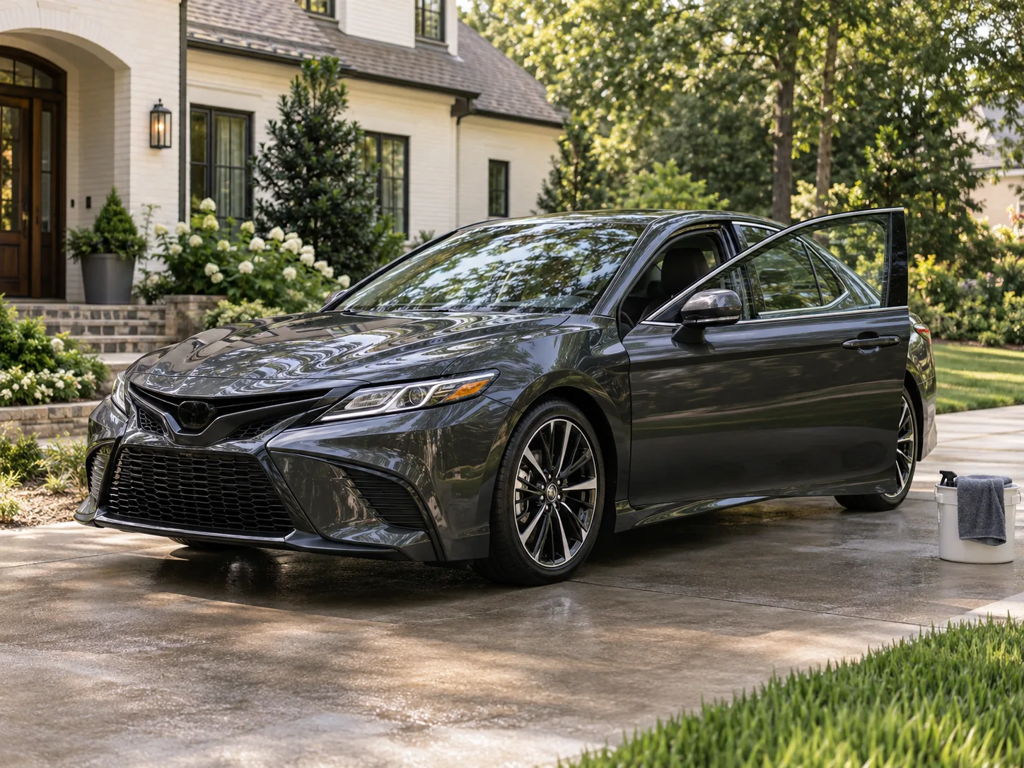 Illustrative photograph of a freshly detailed charcoal sedan with its driver door open at a home