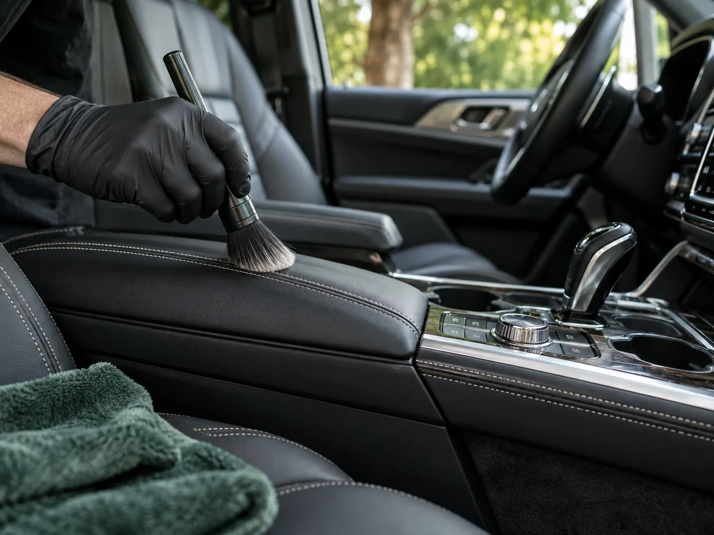 Illustrative photograph of gloved hands carefully brushing a vehicle center console