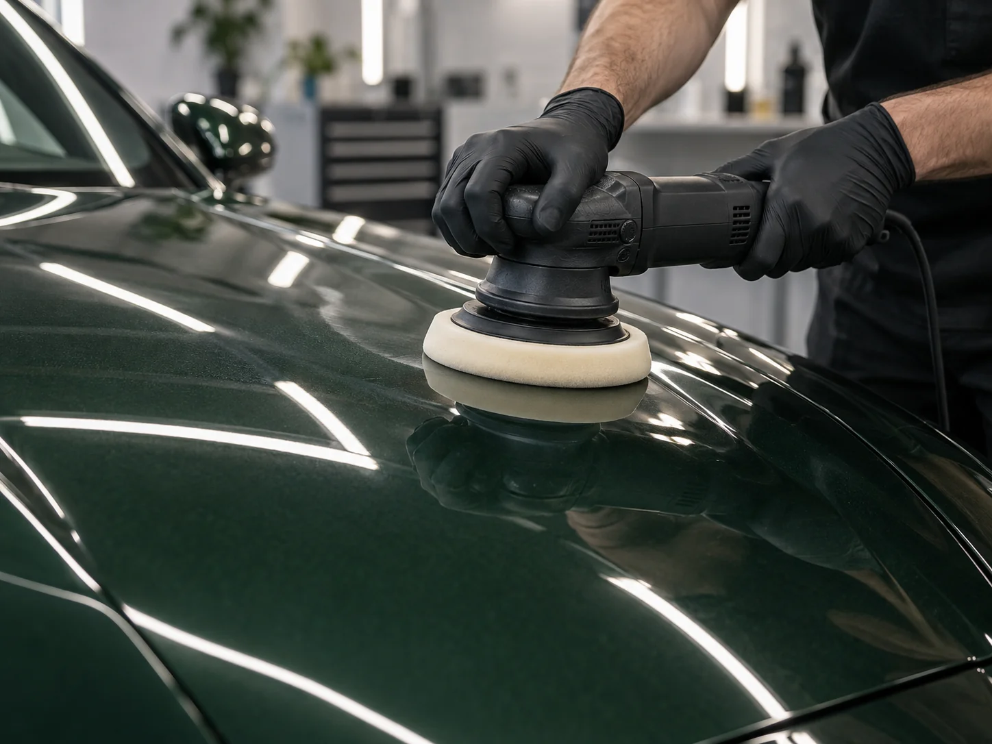 Illustrative photograph of gloved hands machine polishing a dark green vehicle hood