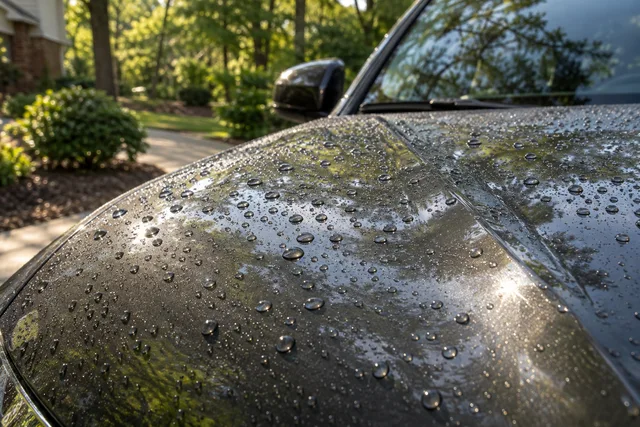 Water droplets beading on a charcoal hood in natural daylight