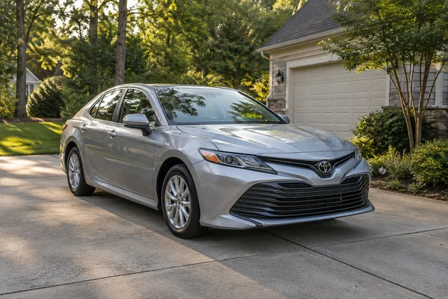 Silver sedan on a leafy residential driveway