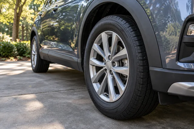Clean alloy wheel and satin-finish tire on a blue-gray SUV