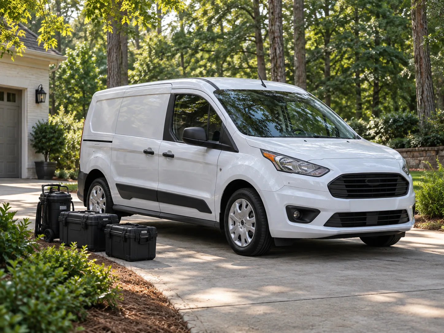Illustrative photograph of a mobile detailing van and equipment on a leafy residential driveway