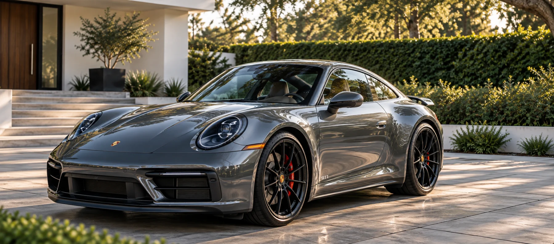 A freshly detailed silver Porsche 911 parked in the driveway of a modern home, showcasing a glossy, polished exterior finish and professional automotive detailing results.